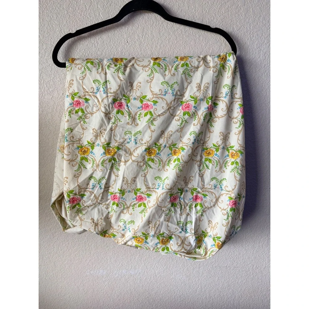 Vintage Floral Lace Trim Twin Sheet Set‎ Pink Yellow Roses Cottagecore 2pc
